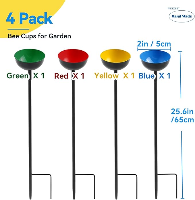 4 Pack Bee Cups For Garden, Bee Waterer And Butterfly Water Stations, Bee Water Catcher Cups For Thirsty Pollinators, Bee Bath, Colorful Metal Garden Sculpture Stakes Decor, Bee Houses For The Garden