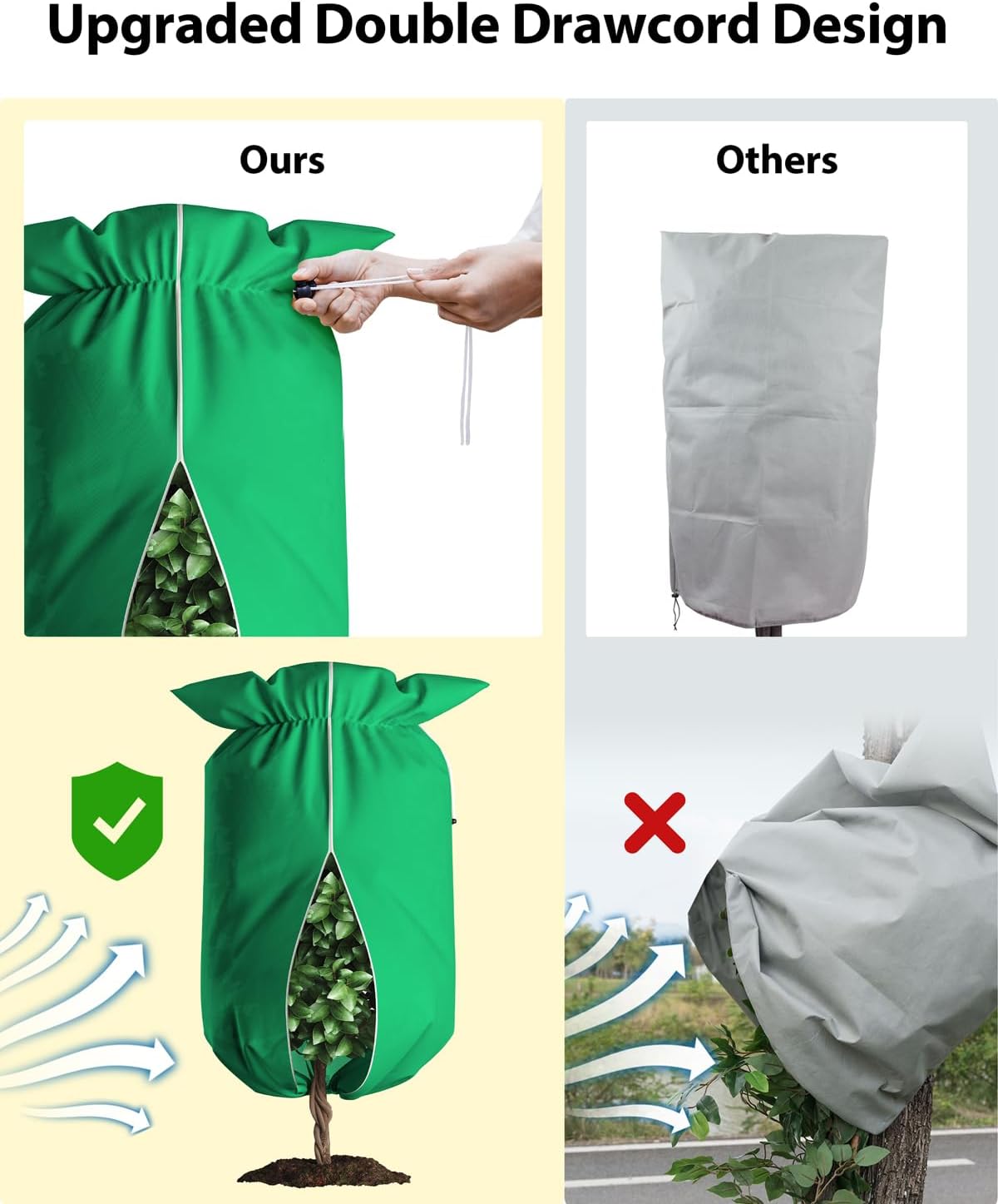 Upgrade Plant Cover Freeze Protection, 2 Packs 47"x72" 3 oz/yd² Thicken Large Frost Cloth Blankets for Trees Drawstring Bag Reusable with Zipper for Potted Winter Cold Weather- Green