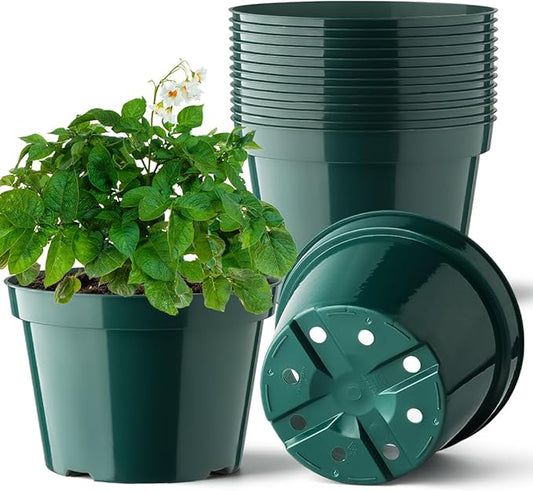 8 Inch Plastic Plant Pots, 15 Pack Sturdy Nursery Pots with Drainage Holes, Flower Planter Pots for Indoor Outdoor, Garden Containers Sets for Vegetable Herbs Flowers, Green