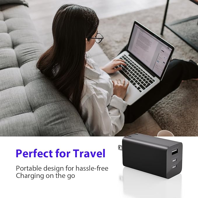 USB C Charger Block 65W Fast Charging, 3-Port USB C Charger with 5FT Cable, Foldable Plug Design for Travel, USB Charger Block Compatible with MacBook, Tablet, 16/15/14/Pro, Galaxy S24 and More