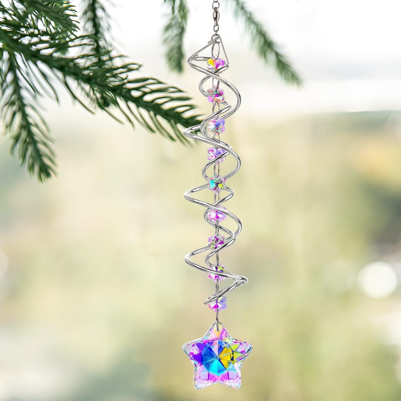 H&D HYALINE & DORA 21inch Crystal Suncatcher for Window Hanging Double-Spiral Design Gazing Ball Spiral Tail Wind Spinners Sun Catchers Rainbow Maker Indoor Outdoor Christmas Decoration