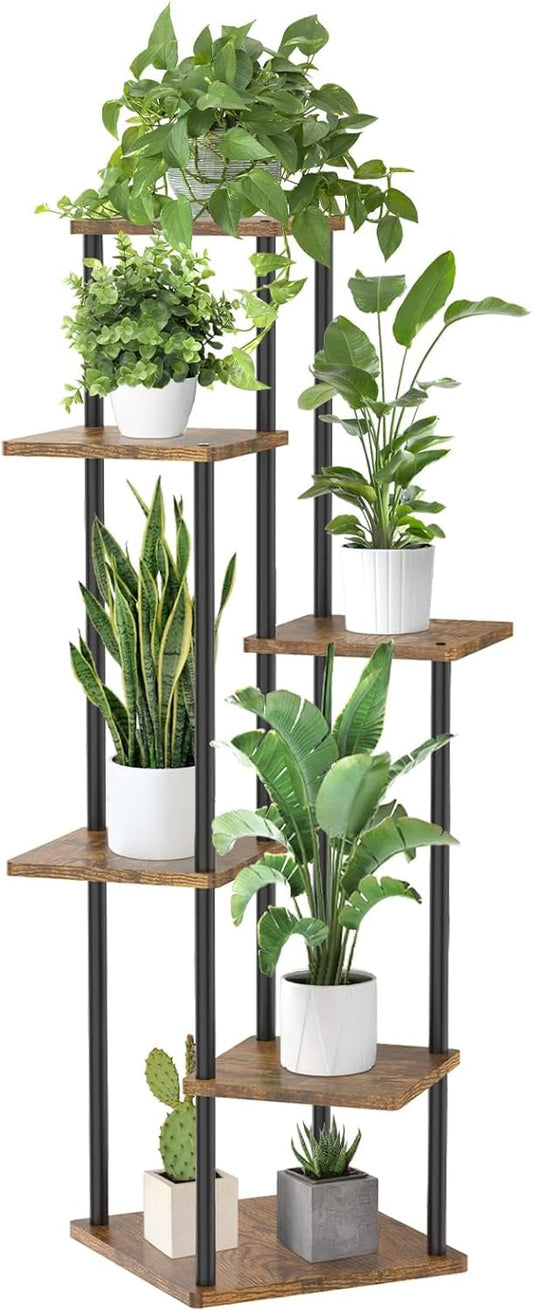 6 Tier Tall Plant Stand Indoor, Large Wood Metal Planter Shelf Holder for Narrow Corner, Sturdy Vertical Multiple Flower Orchid Pot Decorative Rack for House Living Room Bedroom Office, Rustic Black