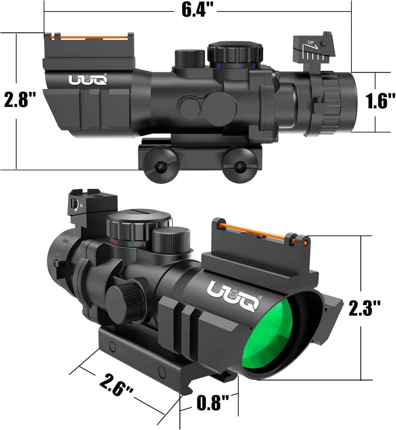UUQ Prism 4x32 Red/Green/Blue Triple Illuminated Rapid Range Reticle Rifle Scope W/Top Fiber Optic Sight and Weaver Slots