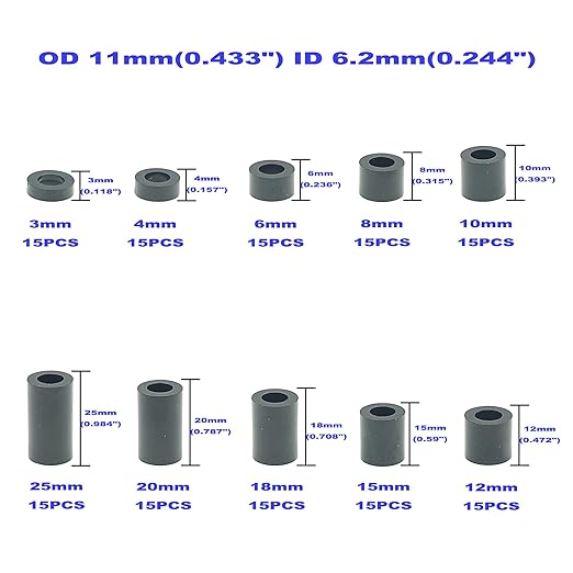 OD 11mm(0.433") ID 6.2mm(0.244") Plastic Unthreaded Spacers Assortment;Wall Plate spacers for M6 Screws;Clearance Spacers;Round Spacers;3mm to 25 mm Lengths(Black)
