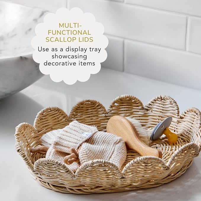 BEBE BASK The Original Scalloped Basket Set Of 2 – Small Scallop Basket - 15 x 10 x 6 In - Hand-Woven & Award-Winning - Elegant Wicker With Scalloped Edge Lid - Nursery Storage - (Natural)