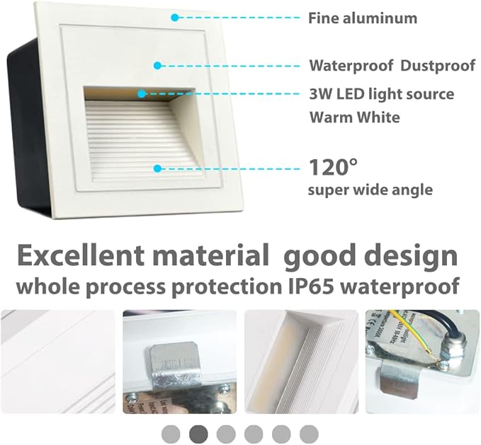 8Pack 3W LED Step Light, Warm White 3000K IP65 Waterproof Recessed Wall Light, Staircase Light Lighting lamp, Inside Outside Garden Balcony Corridor, Aluminum, 120V,White