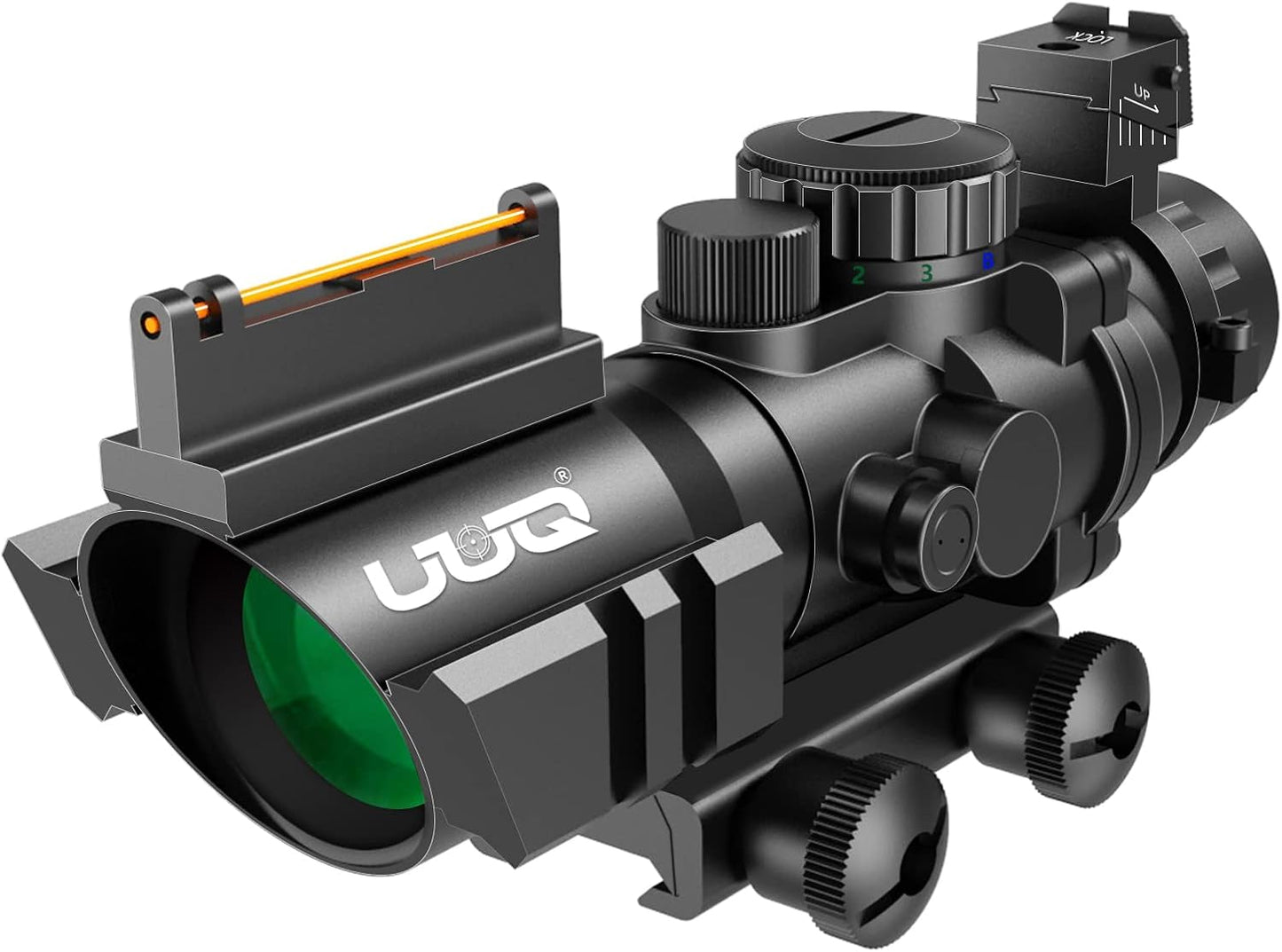 UUQ Prism 4x32 Red/Green/Blue Triple Illuminated Rapid Range Reticle Rifle Scope W/Top Fiber Optic Sight and Weaver Slots
