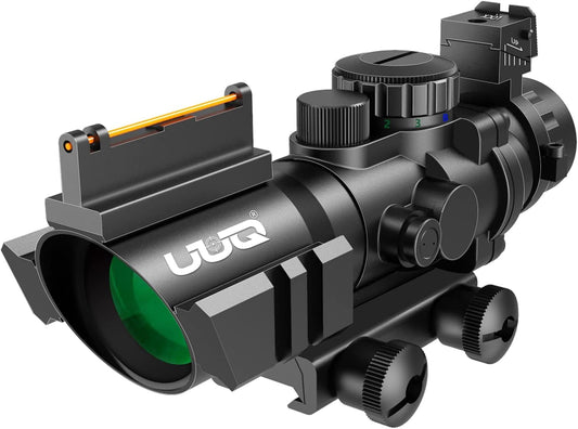 UUQ Prism 4x32 Red/Green/Blue Triple Illuminated Rapid Range Reticle Rifle Scope W/Top Fiber Optic Sight and Weaver Slots