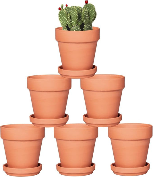 4 Inch Terracotta Pots with Saucer - 6 Pack Small Clay Plant Pots with Drainage Holes, Flower Pots with Tray, Terra Cotta Pots for Indoor Outdoor Plants, Crafts, Wedding Favor