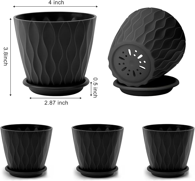 4 inch Plant Pots, 5 Pack Flower Pots Outdoor Indoor, Planters with Drainage Holes and Tray Saucers(Black)