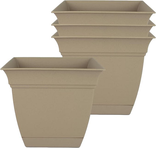 The HC Companies 6 Inch Eclipse Square Planter with Saucer – Indoor Outdoor Plant Pot for Flowers Vegetables Herbs, Sandstone (Pack of 4)