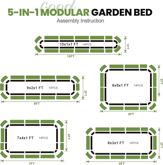 5-in-1 Adjustable Raised Garden Bed Kit | Galvanized Planter Boxes for Vegetables, Flowers | 12" Tall, Multiple Sizes (8x3x1ft, 9x2x1ft, 10x1x1ft, 6x5x1ft, 7x4x1ft) | Outdoor Metal Raised Bed, Green