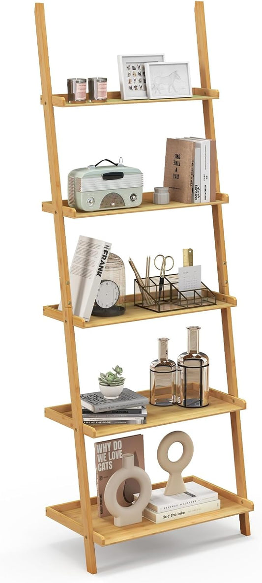 Tangkula 5-Tier Ladder Shelf Bookcase, Bamboo 72”H Wall-Leaning Bookshelf with Baffles and Anti-Tipping Kits, Plant Stand for Living Room Bathroom Home Office Decor, Ladder Bookshelf, Natural