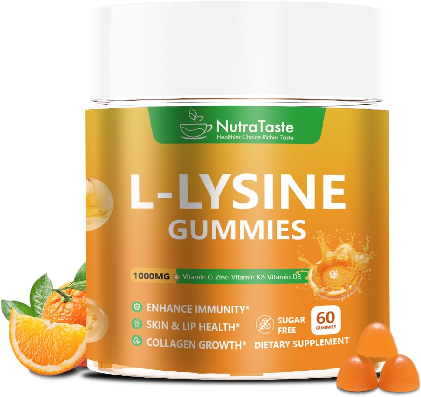 L-lysine Gummies 1000mg, Chewable Lysine Supplement with Vitamin C, D3, K2 & Zinc, Enhance Immunity, Lips & Skin Health, Collagen Growth, Sugar-Free, Gluten-Free, 60 Count (Pack of 1)