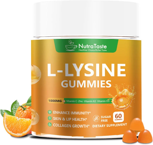 L-lysine Gummies 1000mg, Chewable Lysine Supplement with Vitamin C, D3, K2 & Zinc, Enhance Immunity, Lips & Skin Health, Collagen Growth, Sugar-Free, Gluten-Free, 60 Count (Pack of 1)