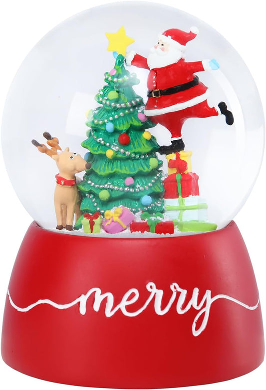 Christmas Snow Globes for Kids, Musical Snow Globe Music Box Glass Snowglobes Santa Santa Claus Climbing Trees with Reindeeer Christmas Birthday Gift for Girls Kids Daughters