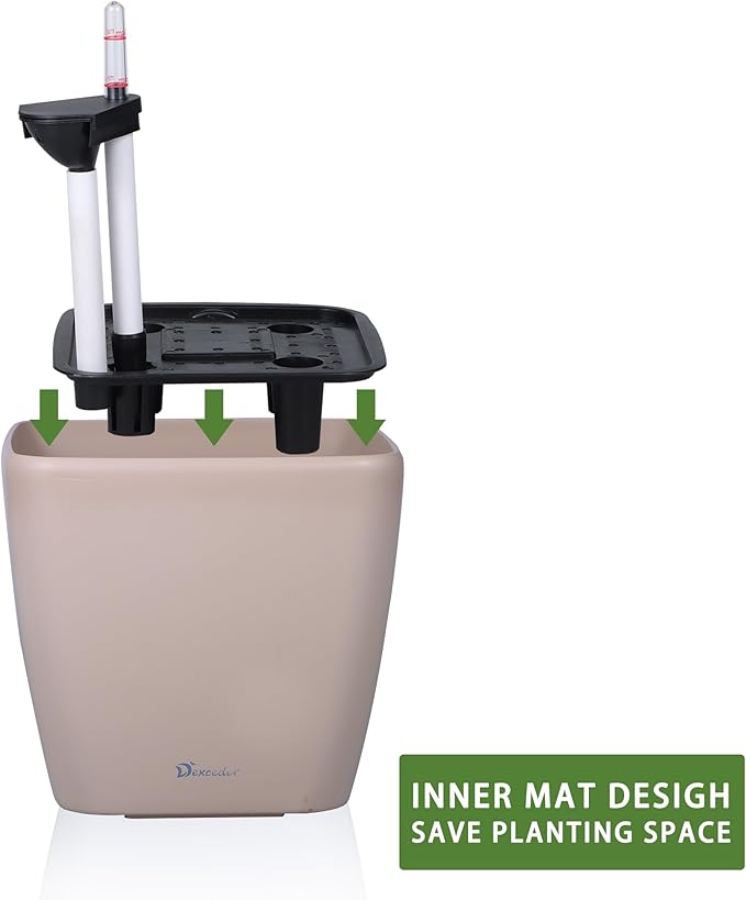 Dexceder 13x12 Self Watering Planter with Wheels Indoor Outdoor, Inner Mat Design, Thickened Large Floor Standing Flower Plant Pot with Water Level Indicator (Taupe Matte)