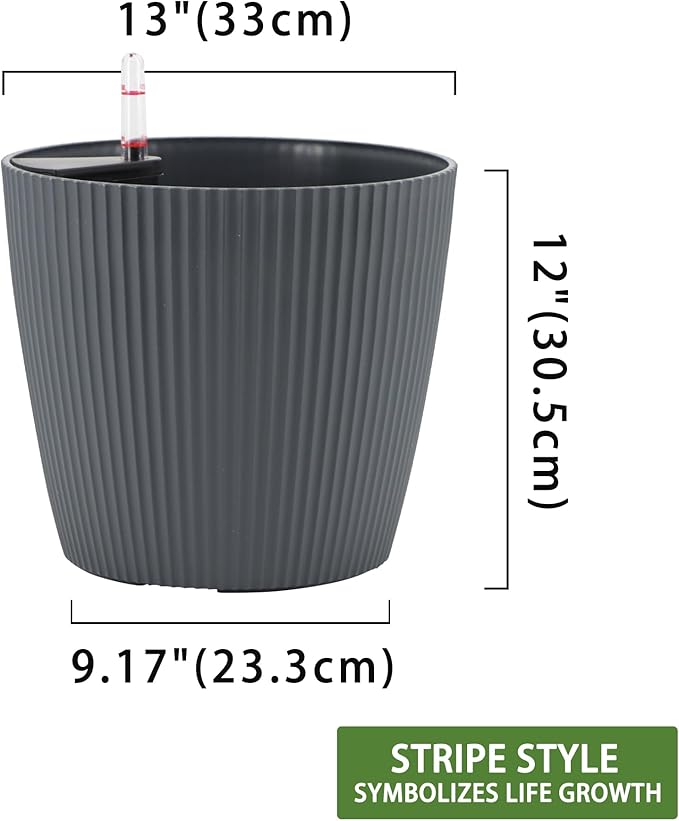 Dexceder 13x12 Self Watering Planters Indoor, Inner Mat Design, Floor Standing Flower Plant Pot with Water Level Indicator (2 Pack, Gray)