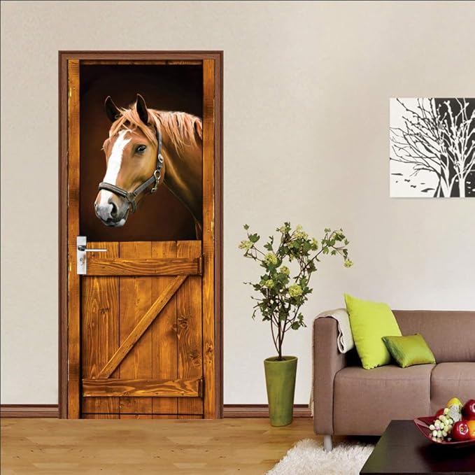 3D Horse Door Stickers Murals Peel and Stick - Self-Adhesive Wallpaper Decals, Removable PVC Waterproof Poster for Bedroom Living Room 37.4" x 78.7"