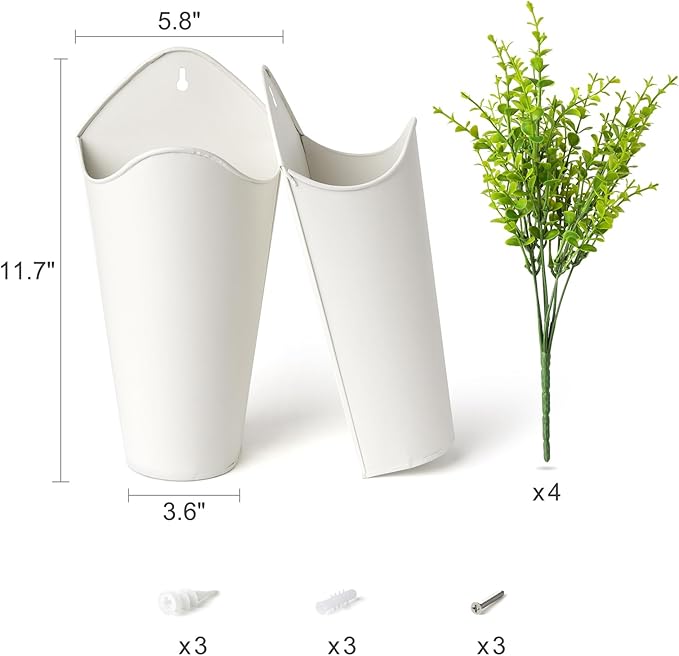 Dahey 2 Pack Galvanized Metal Wall Planter with Artificial Eucalyptus Farmhouse Style Hanging Wall Vase Planters Flowers Holder for Country Rustic Home Wall Decor,White