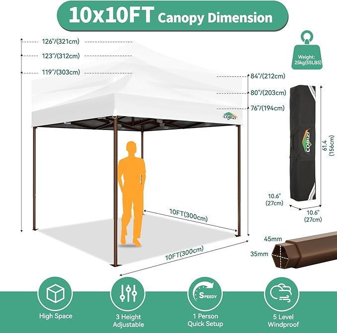 COBIZI 10x10 Pop Up Canopy Tent Heavy Duty with 4 Sidewall, Commercial Outdoor Easy Pop Up Gazebo for Party Wedding All Weather Waterproof UV 50+ with Carry Bag(Leg Upgraded),White