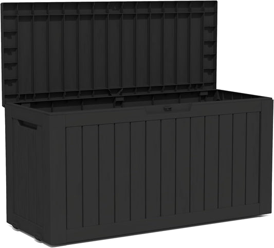 TARKARI 90 Gallon Lockable Resin Deck Box with Wheels, Waterproof & UV-Resistant Outdoor Storage Box for Outdoor Cushion Storage, Garden Tools & Pool Accessories Storage, Black