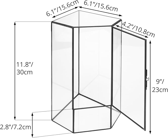 NCYP Wall Corner Geometric Glass Terrarium, Closed Front Opening Door Container Planter for Succulents, Small Plants - Black, Indoor Decor, Tabletop Landscape, 6.1" x 6.1" x 11.8" (Terrarium Only)