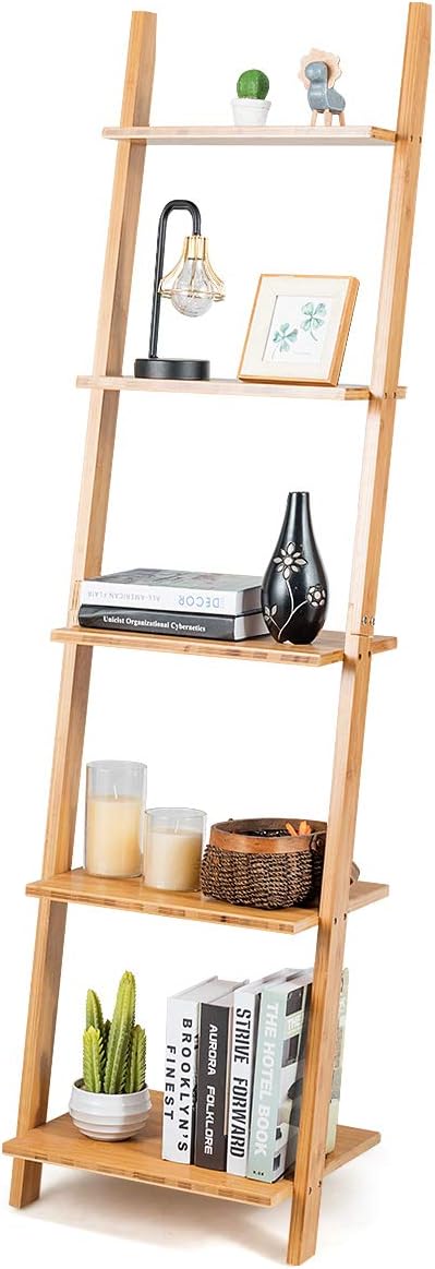 Tangkula Bamboo 5-Tier Ladder Shelf Bookshelf, Wall-Leaning Bookshelf, Plant Flower Stand, Storage Display Shelves for Living Room Bathroom Office, Multifunctional Ladder Bookcase (Natural)
