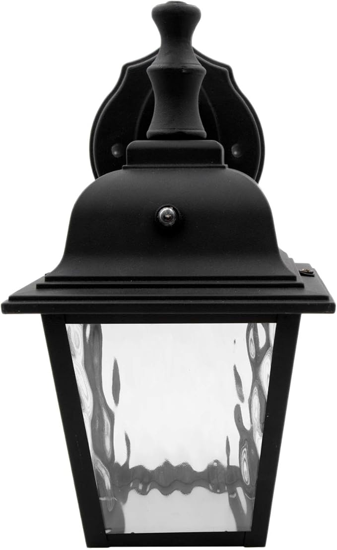 Maxxima LED Porch Lantern Outdoor Wall Light Fixture - Black, Clear Water Glass, Photocell Sensor, 875 Lumens, 3000K Warm White, Dusk to Dawn Light Sensor, Exterior Decorative Light