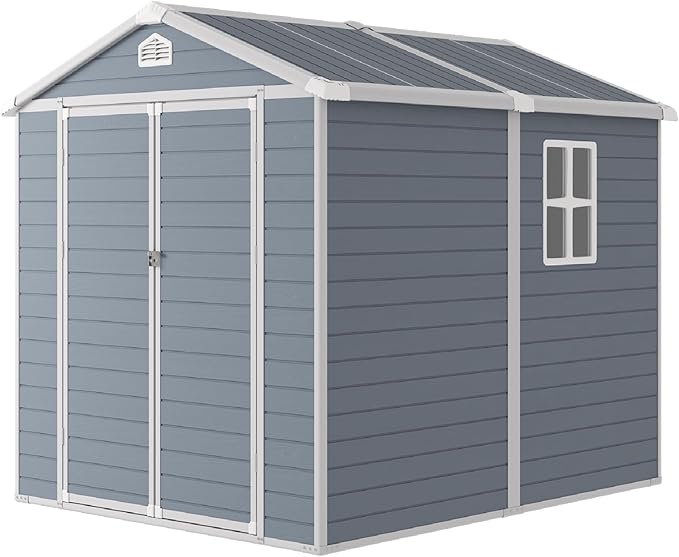Storage Shed Plastic Outdoor Storage Shed Waterproof Container House with Lockable Door and Transparent Window for Garden, Lawn, Backyard, Patio (6x8FT)