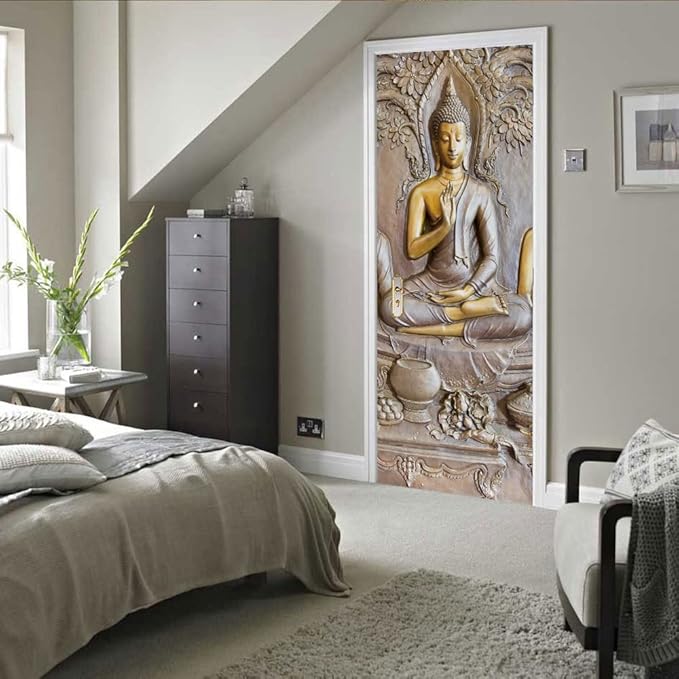 3D Door Stickers - Buddha Statue - Peel & Stick - Waterproof & Washable - Matt Finish - 31.5" x 78.7" - 2 Pieces