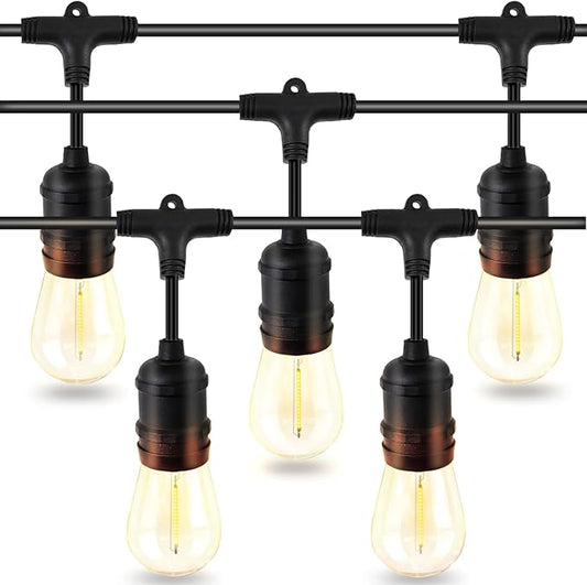 48ft LED Outdoor String Lights with 15+1(Spare) 1W Shatterproof Bulbs, Black Waterproof IP65 Connectable Outdoor Decorative Lights for Garden Patio Cafe Bistro Backyard Porch, UL Listed