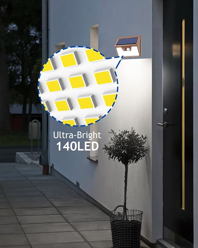 Peasur Brown Solar Lights Outdoor Waterproof, 6Pack 140LED Solar Powered Motion Sensor Lights, 3 Modes Solar Security Wall Lights for Fence Garden Yard Outside Cool White