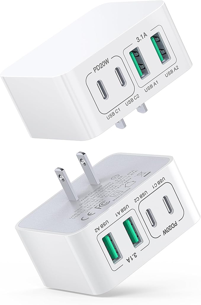 USB C Charger Block Thin Flat 40W 4-Port Wall Charger 2-Pack Type C Fast Charger Cube, PD&QC Wall Plug Power Adapter Compatible for iPhone 16/16 Pro/15/15 Pro/14/13, iPad, Airpods, iwatch, Samsung