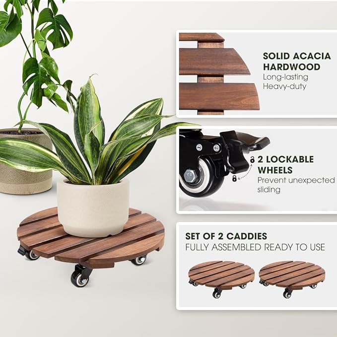 2pack Wood Plant Caddy With Wheels Heavy Duty Red Brown, 264 Lbs Capacity, 12 Inch Acacia Hardwood Plant Dolly, Plant Stand with 360° Lockable Wheels for Plant Pots, Heavy Objects Hauling