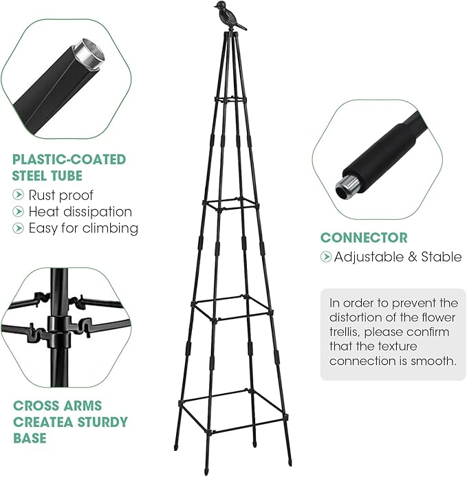 Garden Obelisk Trellis for Climbing Plants Outdoors, 65 Inch Rustproof Plant Stand Climbing Support with Adjustable Heights for Indoor Potted Plants, Vines, Flowers Stands, Vegetables (1)