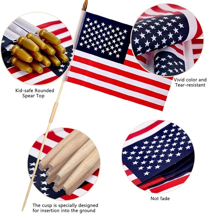 24 Pcs 12x18 Inch American Flags on Stick, American Flags, USA Stick Flag with Handheld and Grounded Multi-Purpose Flagpole, Design for Memorial Day, 4th of July, Veterans Day, Outside decorations