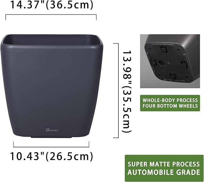 Dexceder 15x14 Self Watering Planter with Wheels Indoor Outdoor, Inner Mat Design, Thickened Large Floor Standing Flower Plant Pot with Water Level Indicator (Slate Gray Matte)