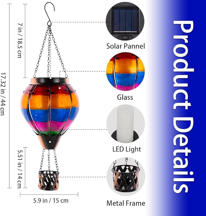 2 Pcs Hot Air Balloon Solar Lantern, Unique Solar Hot Air Balloon with Flame, Hanging Outdoor Lanterns Waterproof Decor for Patio, Garden, Porch
