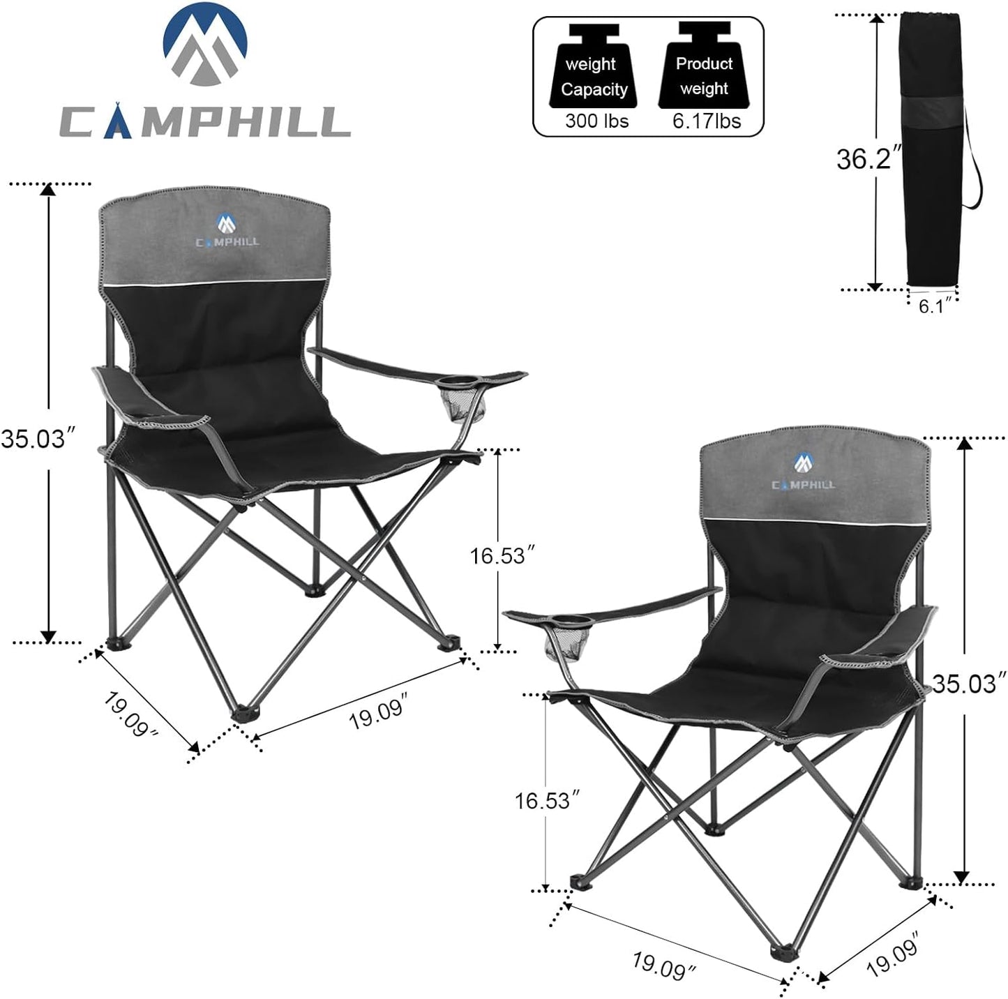 CAMPHILL Camping Chair Set of 3, Outdoor Folding Camping Chairs for Heavy People with Cup Holder & Carry Bag,Collapsible Chair Include One Sofa Chair and Two Single Chair,Support up to 500lbs