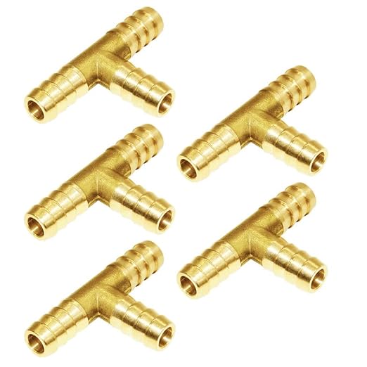 Joywayus 3/8" ID Hose Barb Fitting,Tee 3 way Brass Fitting Intersection/Split Brass Water/Fuel/Air (Pack of 5)