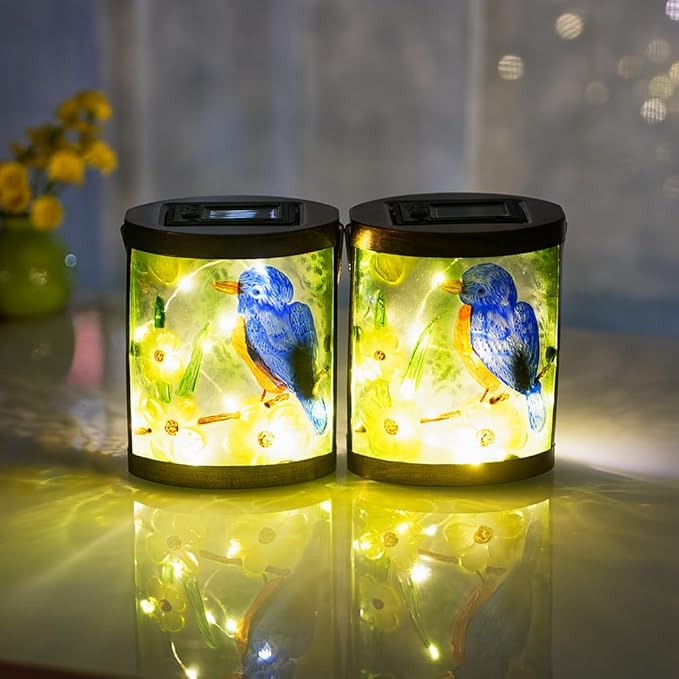 2 Pack Bluebird Solar Lanterns Outdoor Waterproof, Hanging Glass Solar Lantern with LED Light for Garden Yard Lawn