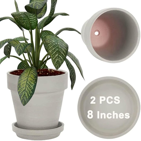 vensovo Gray 8 Inch Terracotta Pot for with Drainage - 2 Pack Large Terra Cotta Plant Pot with Saucers, Flower Clay Pot with Tray, Terracotta pot for Indoor Outdoor