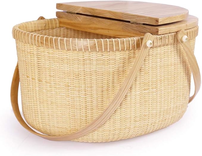 Nantucket Basket Crafts Cane-on-Cane Weave Picnic Basket Shopping Basket Basket Storage Basket Two Swing Handles (Ash Activity Double Open)