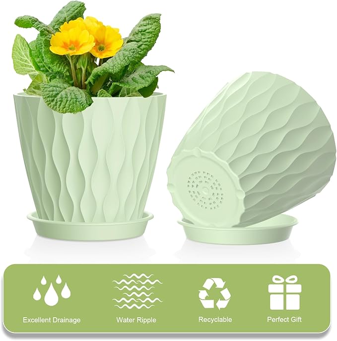 12 Pack 4 Inch Small Plant Pots with Saucers, 3D Textured Plastic Planters with Drainage Holes for Indoor and Outdoor Plants, Flowers, Herbs, Succulents, and Seedlings, Green