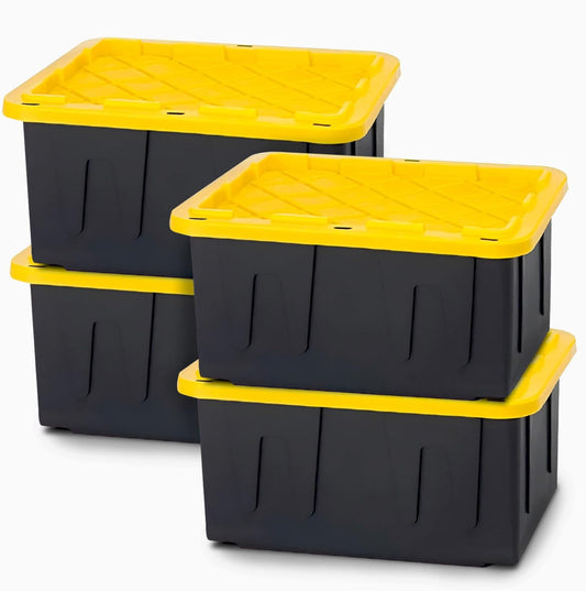 HOMZ 4-Pack Durabilt Tote, Heavy Duty Plastic Storage Bins with Lids, 15 Gallon, Black/Yellow - Stackable Organizing Containers for Home, Garage, and Office