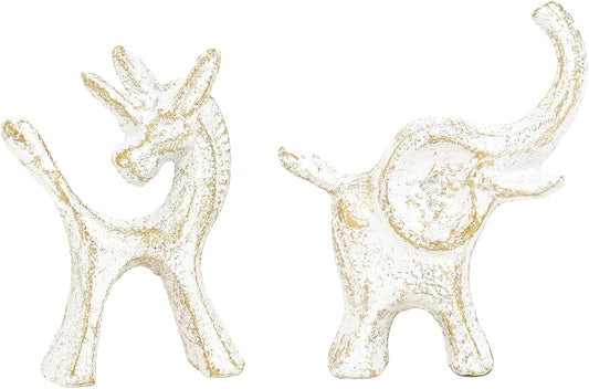 Sungmor Set of 2 Cast Iron Elephant & Unicorn Figurines - Rustic White Animal Sculptures for Shelf, Desk, or Entryway - Heavyweight Decorative Mini Cute Statues - Whimsical Vintage Home Décor