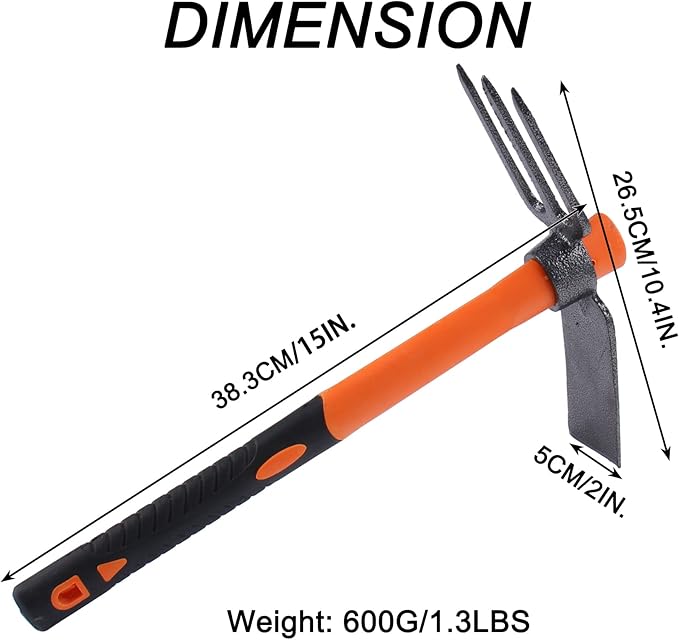 3 Sprongs Dual Head Rake Hoe with Heavy Duty Forged Adze and Ergonomic Non-Slip Handle for Loosening Soil, Gardening, Camping Outdoor 39mm/15-Inch