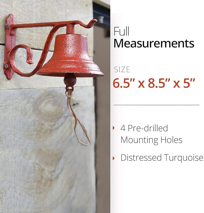 NACH Dinner Bell Outdoor, 8.5 x 5 x 6.5 inch, Antique Red Cast Iron Wall Bell, Decorative Doorbell for Outside