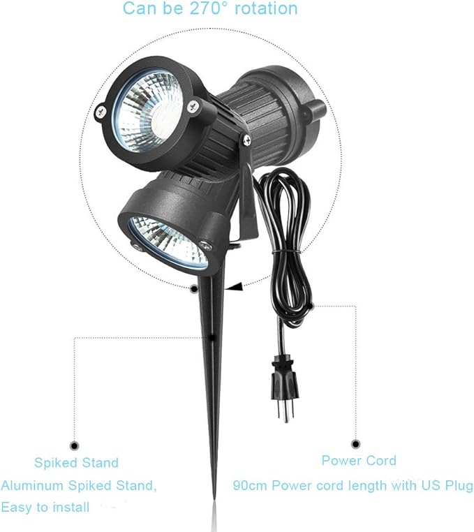 2 Pack Outdoor Landscape Lighting 5W COB LED Spotlights for Garden Lawn Wall Yard Path with Spiked Stand and Plug Adapter (Cool White)